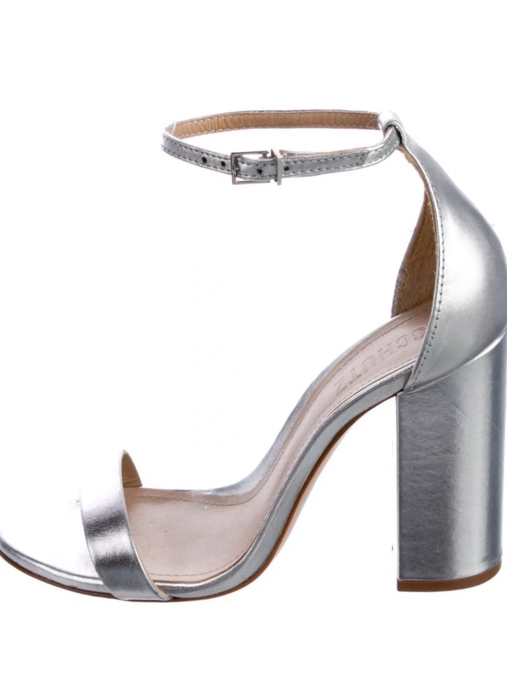 SCHUTZ Silver Metallic Ankle-Strap Block Heels